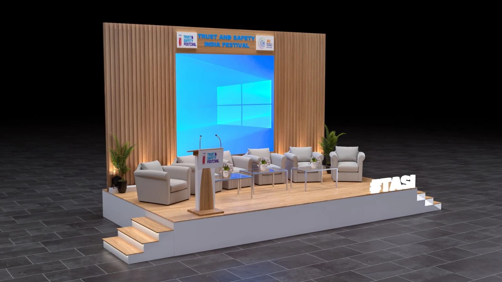 Lounge and stage layout displaying event branding opportunities